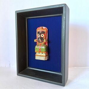 Vintage Framed Hand-Carved Jagannath Wooden Figurine from India Blue Velvet